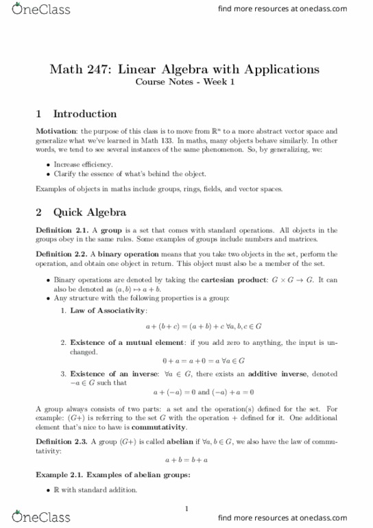 Math 247 Study Guide Winter 2018 Final Vector Space Abelian Group Math 247 Study Guide Winter 2018 Final Vector Space Abelian Group