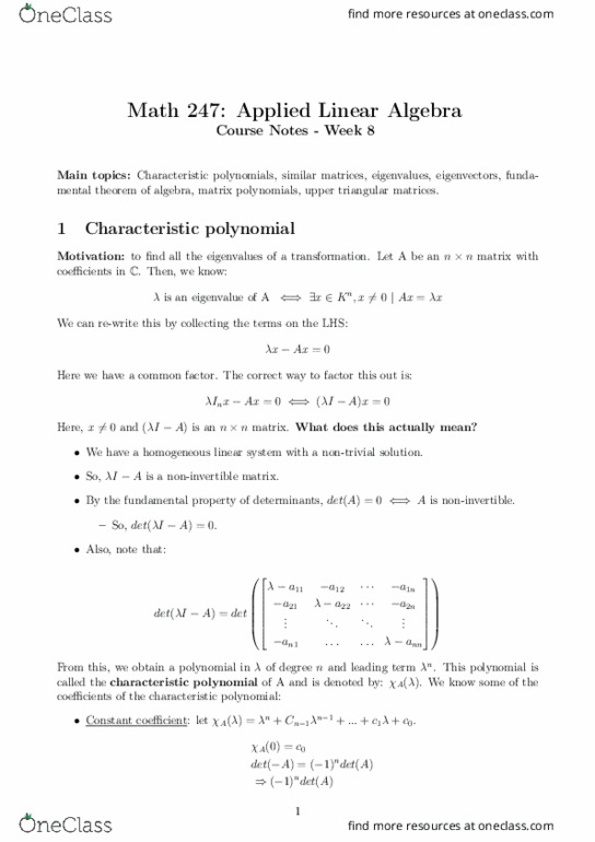 MATH 247 Lecture Notes - Lecture 8: Triangular Matrix, Invertible Matrix, Characteristic Polynomial thumbnail