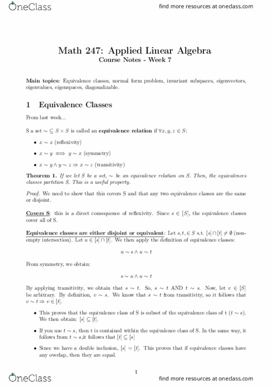 MATH 247 Lecture Notes - Lecture 7: Equivalence Class, Invariant Subspace, Diagonalizable Matrix thumbnail
