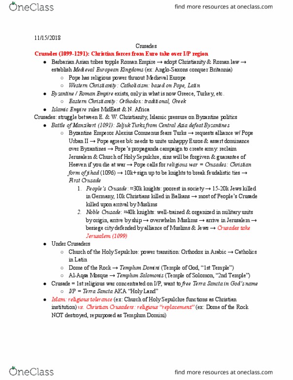 MIDEAST 207 Lecture Notes - Lecture 19: Templum Domini, Pope Urban Ii, Komnenos thumbnail