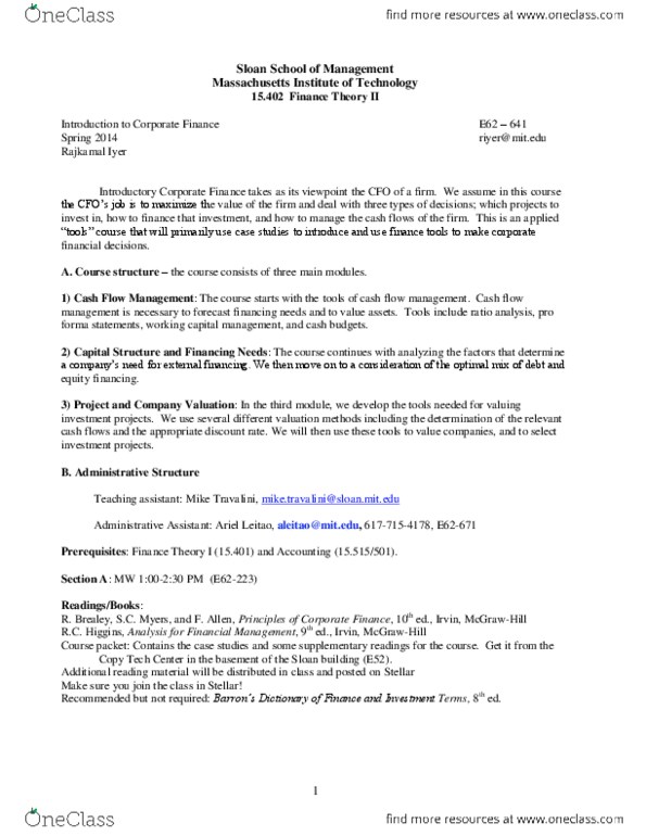 15.412 Lecture Notes - Corporate Finance, Cash Flow, Final Grades thumbnail