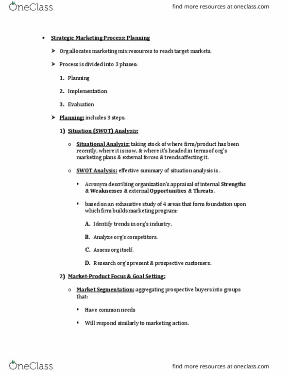 MAR 201 Lecture Notes - Lecture 17: Swot Analysis, Marketing Mix, Acronym thumbnail