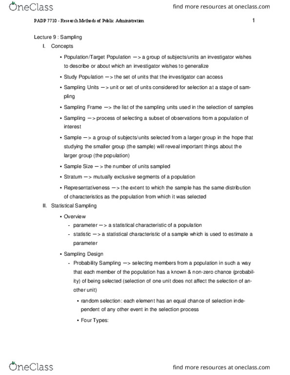 PADP 7110 Lecture Notes - Lecture 9: Statistic, Statistical Parameter, Sampling Frame thumbnail