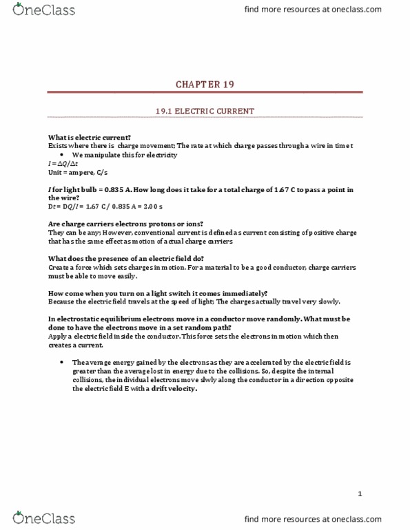 PH212 Lecture Notes - Lecture 13: Electric Current, Electric Field, Drift Velocity thumbnail