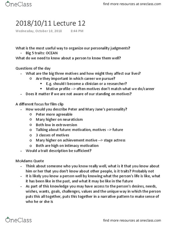 PSYC 332 Lecture Notes - Lecture 12: Neuroticism, Conscientiousness, Normal Distribution thumbnail