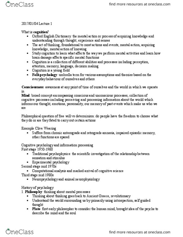 PSYC 213 Lecture Notes - Lecture 1: Retrograde Amnesia, Clive Wearing, Folk Psychology thumbnail