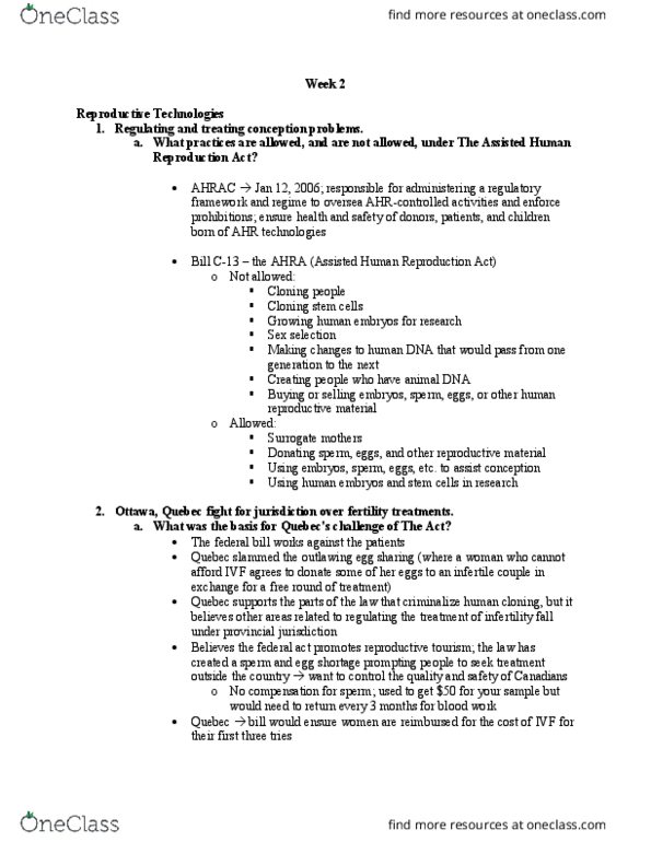 HSS 3332 Chapter Notes - Chapter 2: Assisted Human Reproduction Act, Assisted Reproductive Technology, Fertility Tourism thumbnail