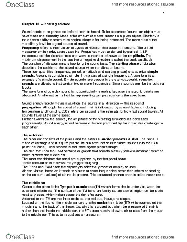 SAR SH 522 Chapter Notes - Chapter 13: Eustachian Tube, Middle Ear, Sound Energy thumbnail