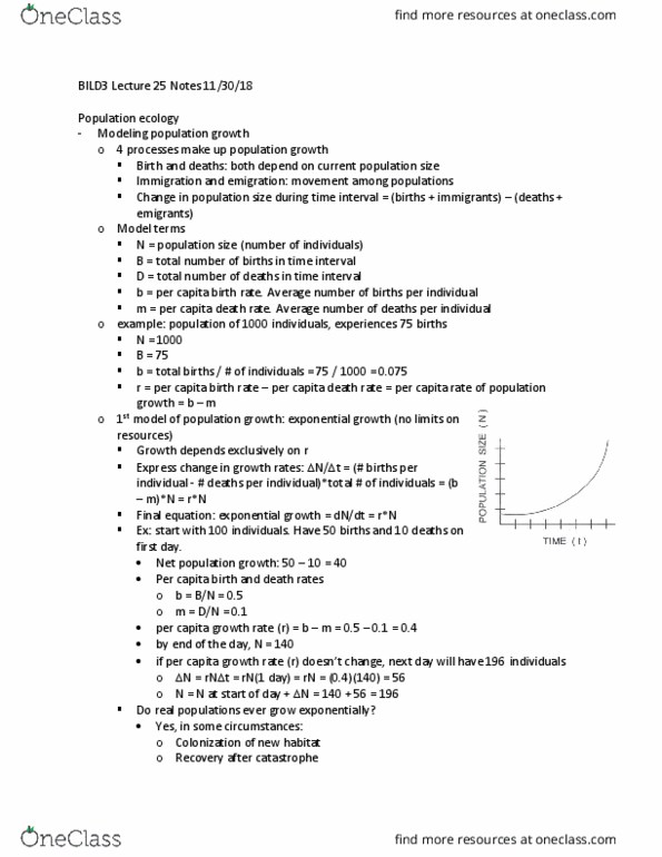 BILD 3 Lecture Notes - Lecture 25: Exponential Growth, Population Ecology, Logistic Function thumbnail