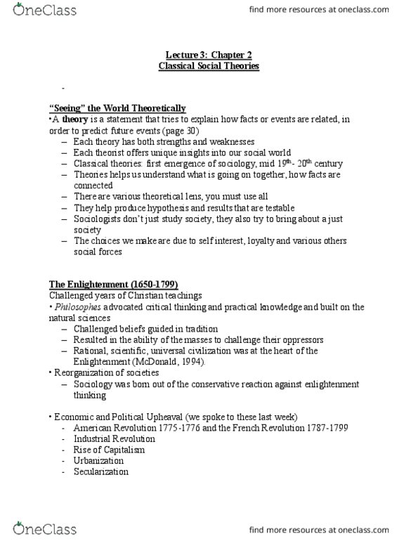 SOCIOL 1Z03 Lecture Notes - Lecture 2: Age Of Enlightenment, Social Theory, Social Forces thumbnail