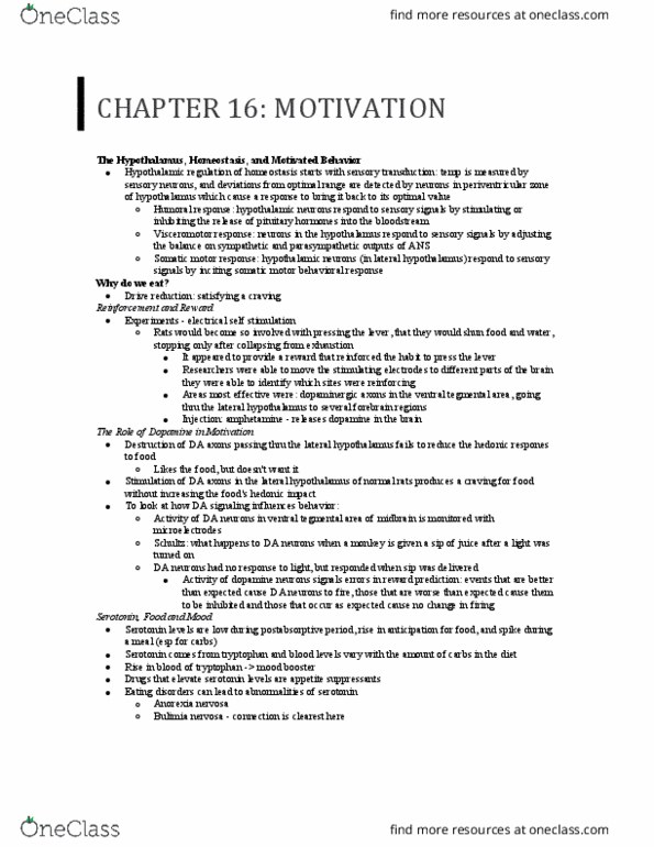 CAS NE 203 Chapter Notes - Chapter 16: Bulimia Nervosa, Anorexia Nervosa, Lateral Hypothalamus thumbnail
