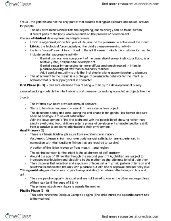 PSYC2014 Lecture Notes - Lecture 11: Oedipus Complex, Psychosexual Development, Libido thumbnail