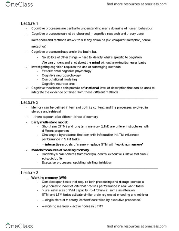 PSYC2013 Lecture Notes - Lecture 1: Cognitive Neuropsychology, Baddeley'S Model Of Working Memory, Cognitive Neuroscience thumbnail