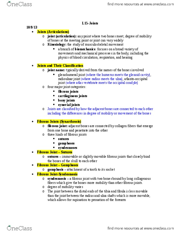 BIOL 1117 Lecture Notes - Synovial Joint, Cartilaginous Joint, Hyaline Cartilage thumbnail