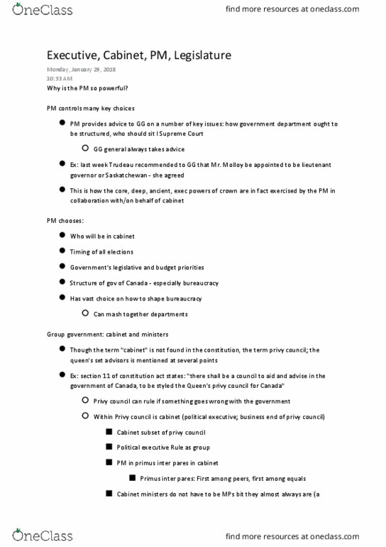 Political Science 2230E Lecture Notes - Lecture 23: Primus Inter Pares, Responsible Government thumbnail