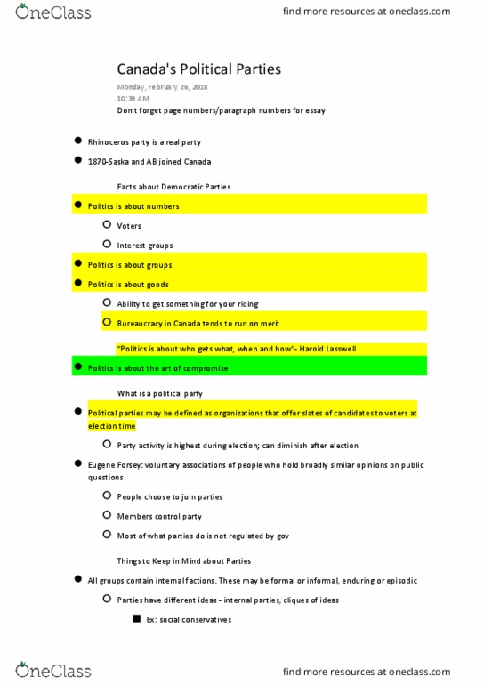 Political Science 2230E Lecture Notes - Lecture 24: Eugene Forsey, Harold Lasswell, Pierre Trudeau thumbnail