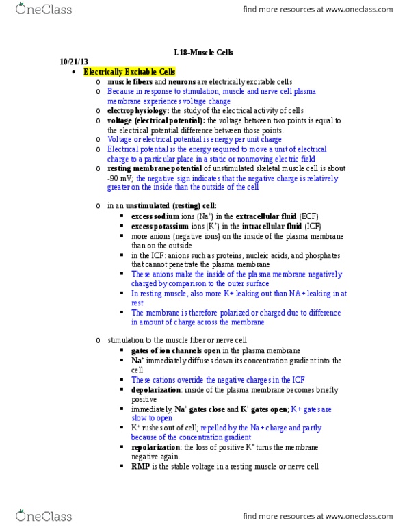 BIOL 1117 Lecture Notes - Resting Potential, Axon, Cell Membrane thumbnail