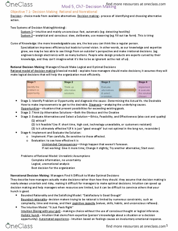 MAN 3025 Chapter Notes - Chapter 5: Bounded Rationality, Satisficing, Decision-Making thumbnail