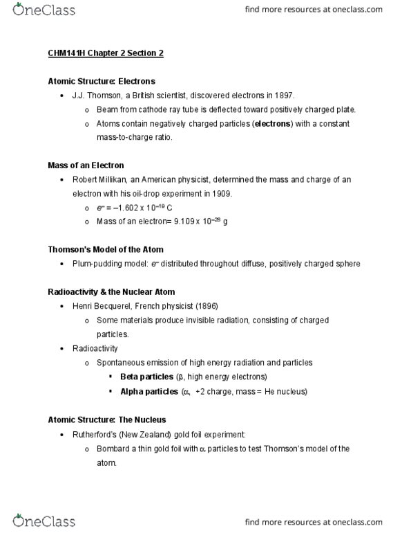 CHM 141H Lecture Notes - Lecture 4: Cathode Ray Tube, Henri Becquerel, Robert Andrews Millikan thumbnail