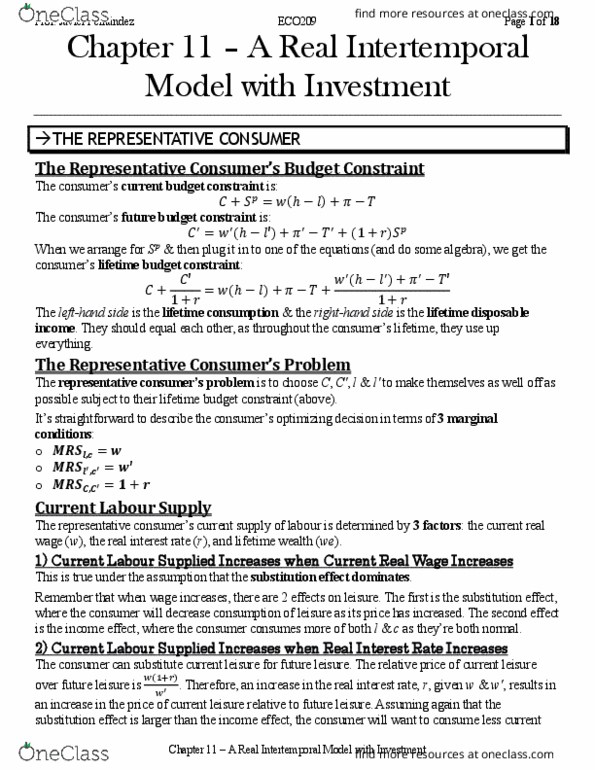 ECO209Y5 Chapter Notes - Chapter 11: Real Interest Rate, Real Wages, Budget Constraint thumbnail