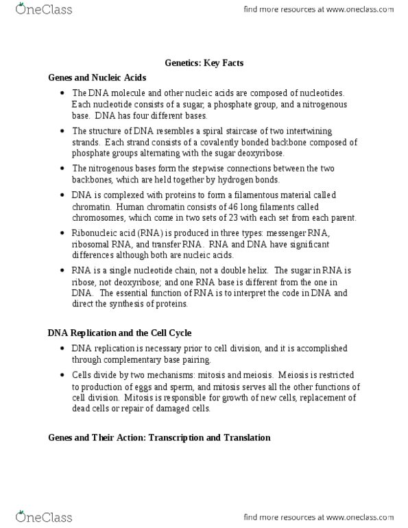 BIOL 1117 Chapter Notes -Dna Replication, Transfer Rna, Nitrogenous Base thumbnail