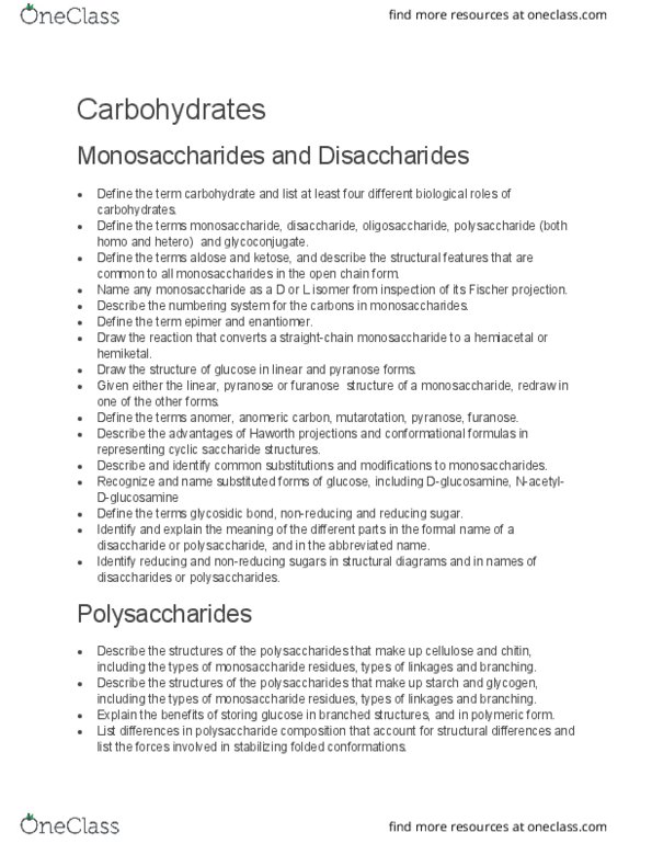 BIOCH320 Lecture Notes - Lecture 15: Anomer, Pyranose, Fischer Projection thumbnail