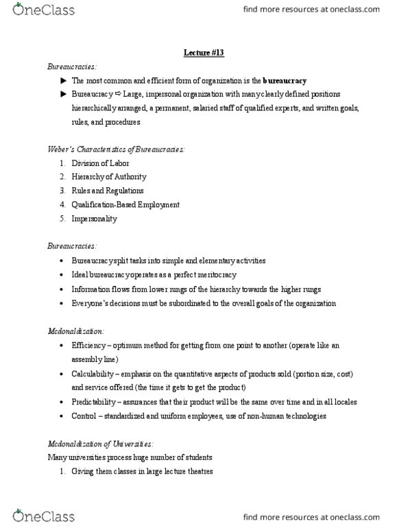 SOC 232 Lecture Notes - Lecture 13: Mcdonaldization, Meritocracy thumbnail