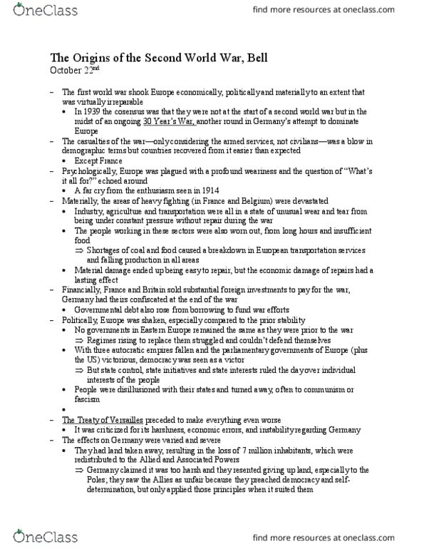 POLS 051 Chapter Notes - Chapter October 22nd Reading: The Casualties, Pacifism, Article 231 Of The Treaty Of Versailles thumbnail