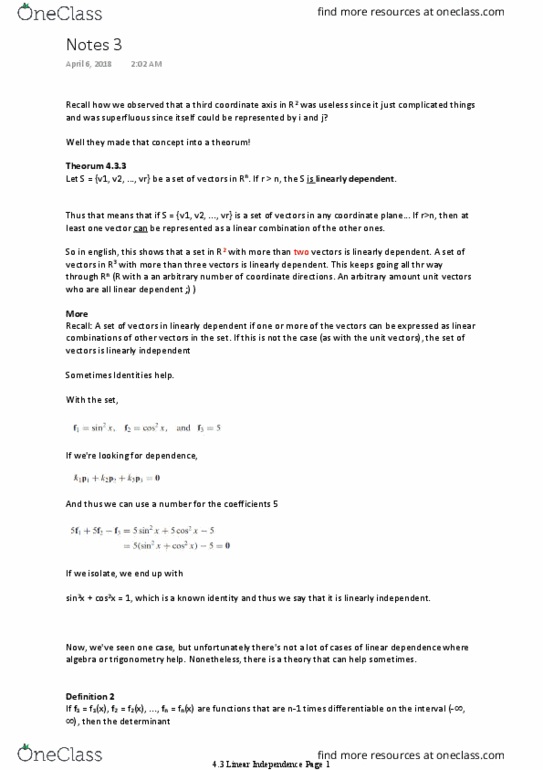 Applied Mathematics 1411A/B Chapter Notes - Chapter 4.3.3: Linear Independence, Wronskian thumbnail