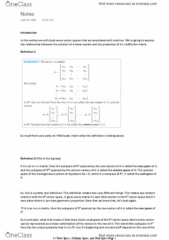 Applied Mathematics 1411A/B Chapter Notes - Chapter 4.7.1: Row And Column Spaces, Coefficient Matrix, Random Matrix thumbnail