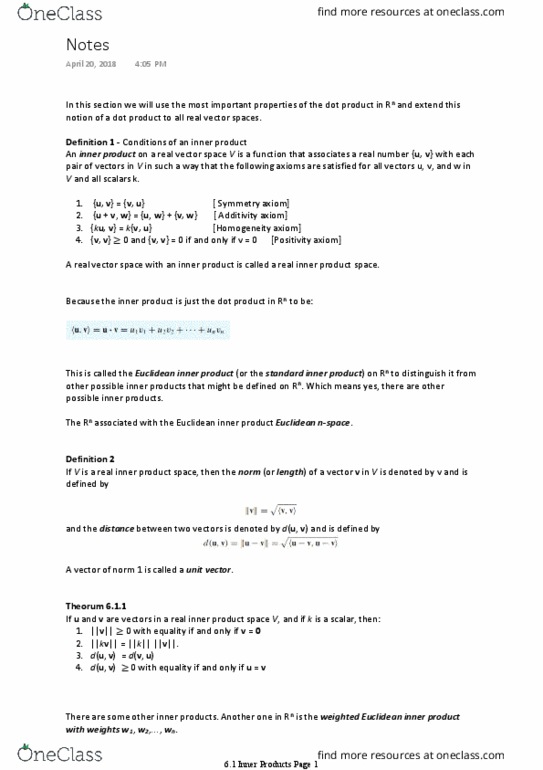 Applied Mathematics 1411A/B Chapter Notes - Chapter 6.1: Dot Product, Unit Vector, Identity Matrix thumbnail