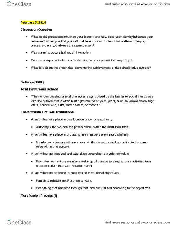 CRM 2306 Lecture Notes - Total Institution, Disfigurement, Erving Goffman thumbnail