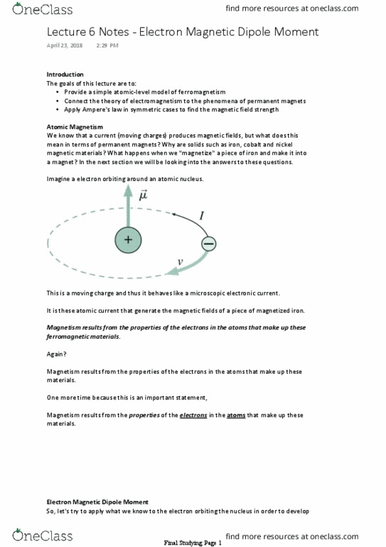 Physics 1402A/B Lecture Notes - Lecture 6: Atomic Nucleus, Ferromagnetism, Automobilclub Von Deutschland thumbnail