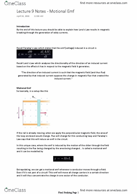 Physics 1402A/B Lecture 9: Lecture 9 Notes - Motional Emf thumbnail