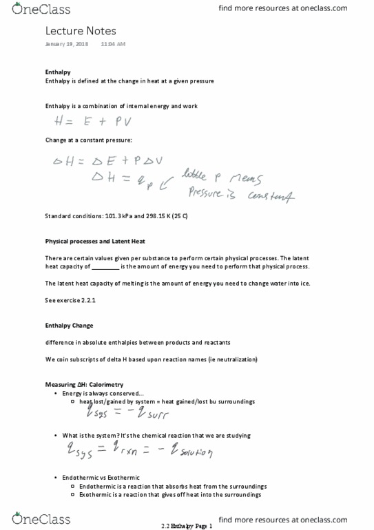 Chemistry 1302A/B Lecture Notes - Lecture 4: Calorimetry, Exothermic Process, Bond-Dissociation Energy thumbnail