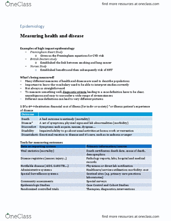 INDS 111 Lecture Notes - Lecture 9: British Doctors Study, Framingham Heart Study, Notifiable Disease thumbnail
