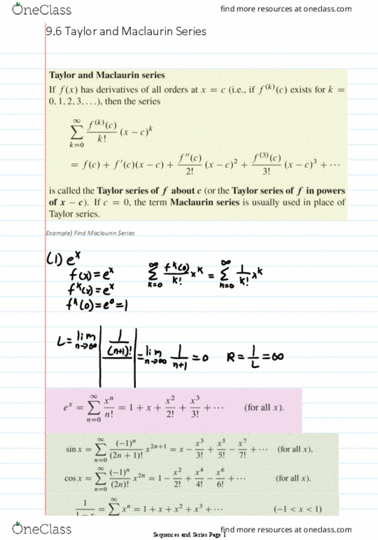 Applied Mathematics 1413 Chapter 9.6: Applied Mathematics 1413 Chapter 9.: 9.6 Taylor and Maclaurin Series thumbnail