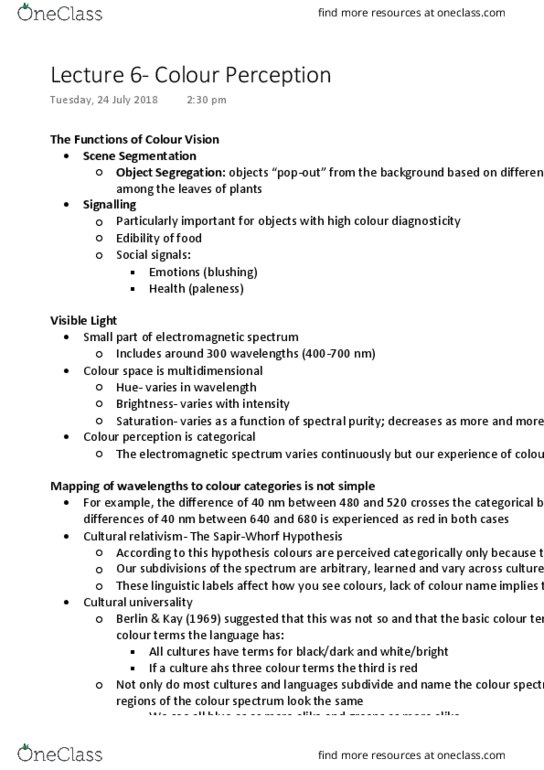 PSYC2071 Lecture Notes - Lecture 6: Color Term, Electromagnetic Spectrum, Color Vision thumbnail