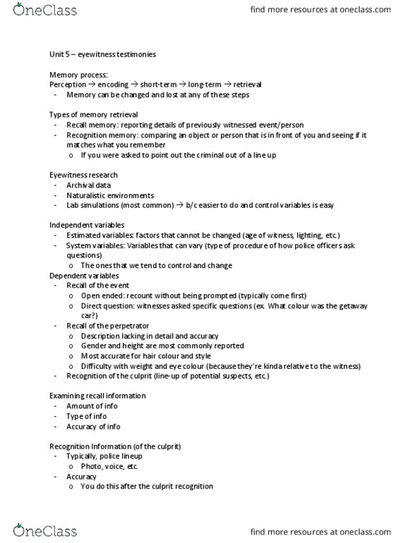 PSYC 2400 Lecture Notes - Lecture 5: Police Lineup, Recognition Memory, Dependent And Independent Variables thumbnail