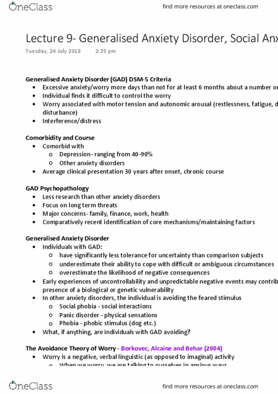 PSYC2101 Lecture Notes - Lecture 9: Anxiety Disorder, Panic Disorder, Social Anxiety Disorder thumbnail