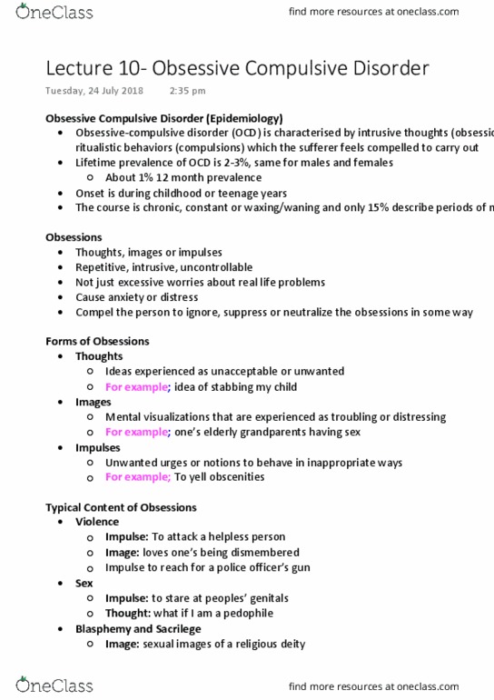 PSYC2101 Lecture Notes - Lecture 10: Obsessive–Compulsive Disorder, Intrusive Thought, Basal Ganglia thumbnail