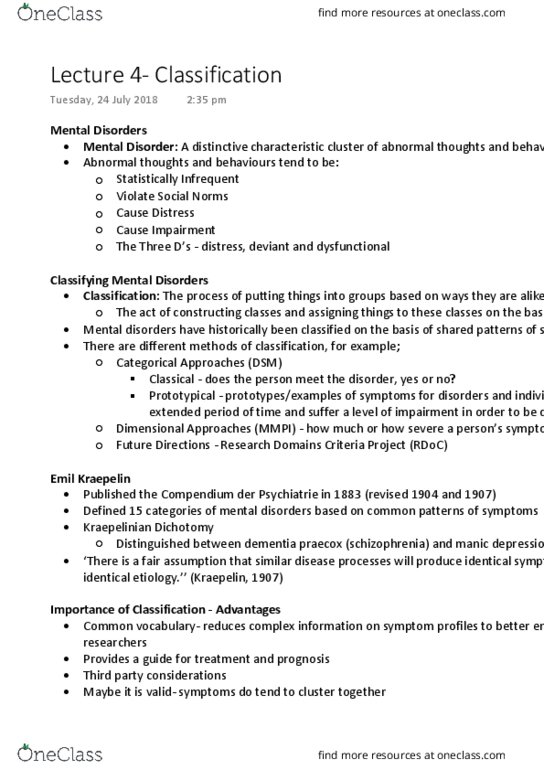 PSYC2101 Lecture Notes - Lecture 4: Kraepelinian Dichotomy, Emil Kraepelin, Dementia Praecox thumbnail