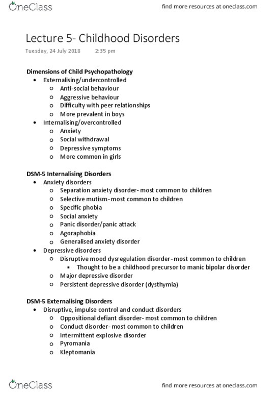 PSYC2101 Lecture Notes - Lecture 5: Intermittent Explosive Disorder, Oppositional Defiant Disorder, Major Depressive Disorder thumbnail