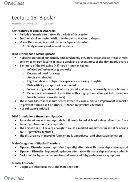 PSYC2101 Lecture Notes - Lecture 16: Major Depressive Episode, Bipolar Disorder, Bipolar Ii Disorder thumbnail