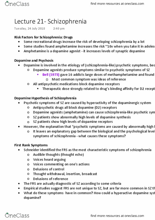 PSYC2101 Lecture Notes - Lecture 21: Dopamine Agonist, Explanatory Gap, Antipsychotic thumbnail