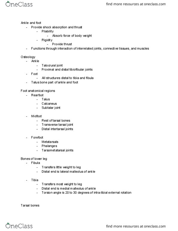 EHS 310 Lecture Notes - Lecture 3: Tarsometatarsal Joints, Subtalar Joint, Malleolus thumbnail