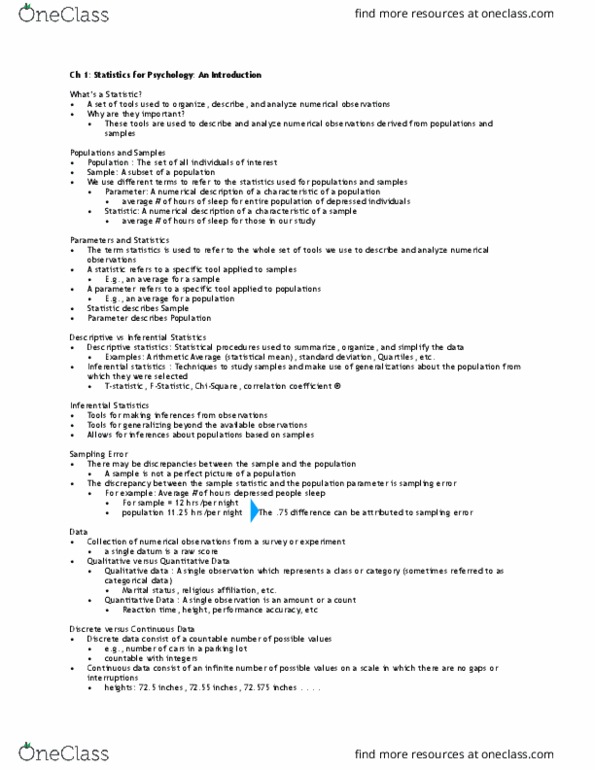 PSY 207 Lecture Notes - Lecture 1: Statistical Inference, Statistic, Descriptive Statistics thumbnail