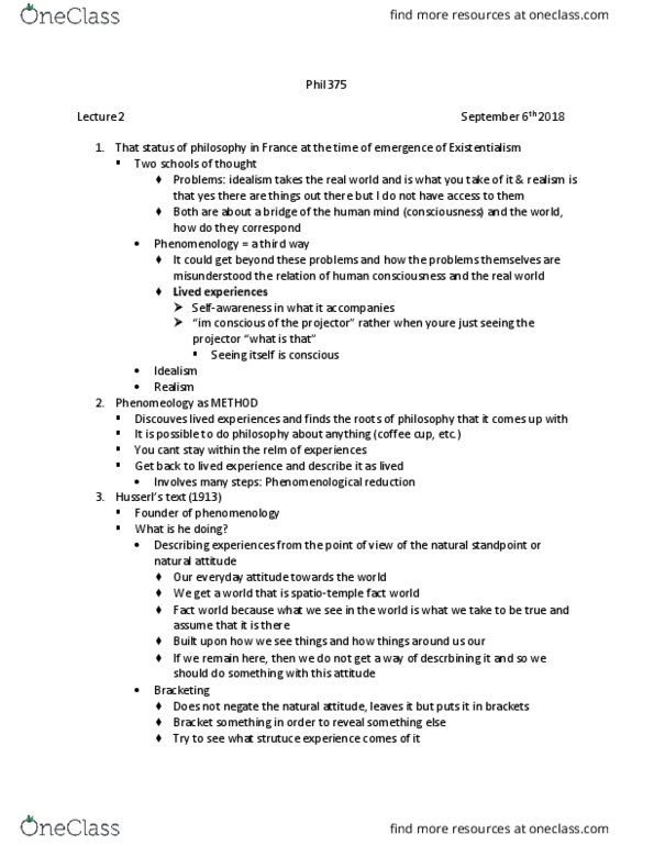 PHIL 375 Lecture Notes - Lecture 2: Existentialism, Bracketing, Intentionality thumbnail