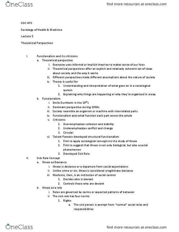 SOC 475 Lecture Notes - Lecture 5: Sick Role, Talcott Parsons, Malingering thumbnail