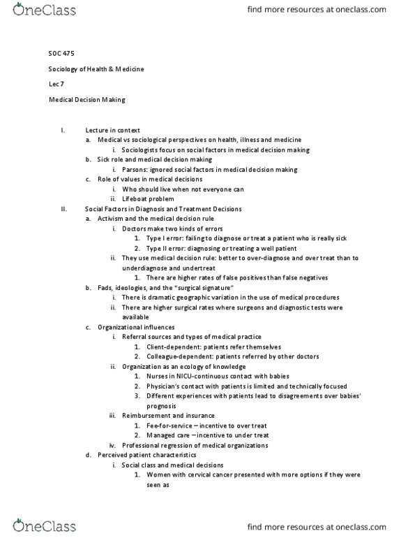 SOC 475 Lecture Notes - Lecture 7: Type I And Type Ii Errors, Cervical Cancer, Decision Rule thumbnail